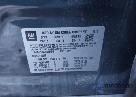 2021 Chevrolet Trax Awd Lt z USA, uszkodzony, nr VIN KL7CJPSM6MB364319